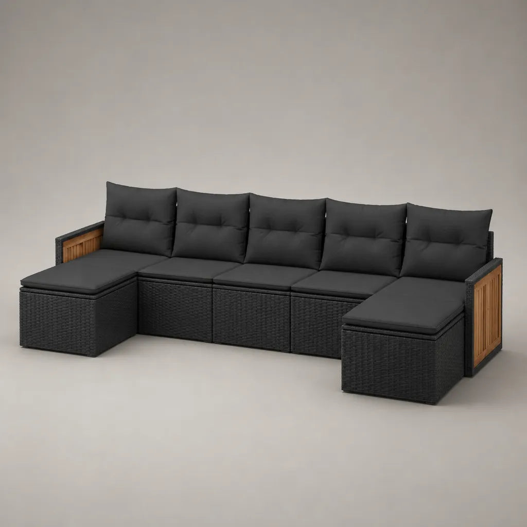Ensemble canapé de jardin 7 places en résine tressée PE, acier et bois avec coussins anthracite, 300 × 150 × 78 cm, noir et brun