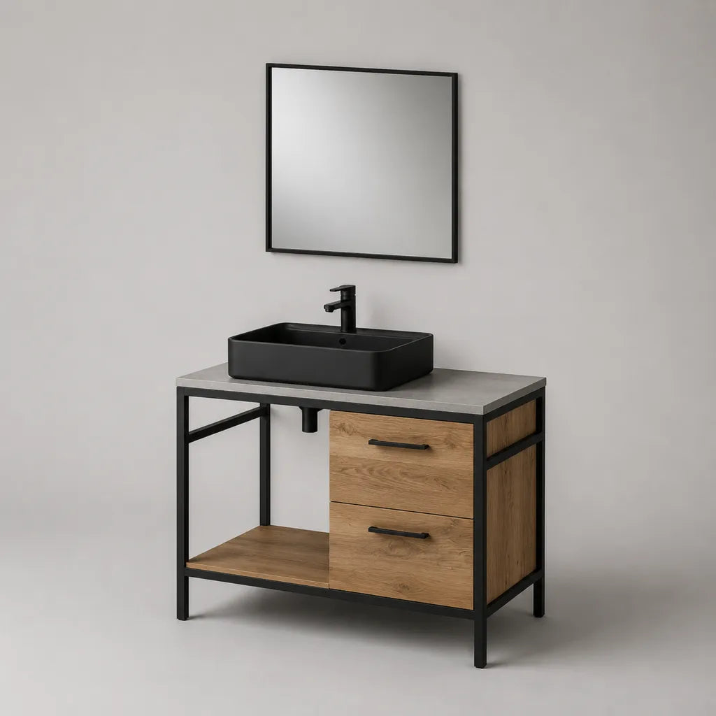 Meuble sous-vasque rectangulaire 80 × 46 × 80 cm en acier et panneaux mélaminés, chêne naturel, noir et gris, avec 2 tiroirs et étagère