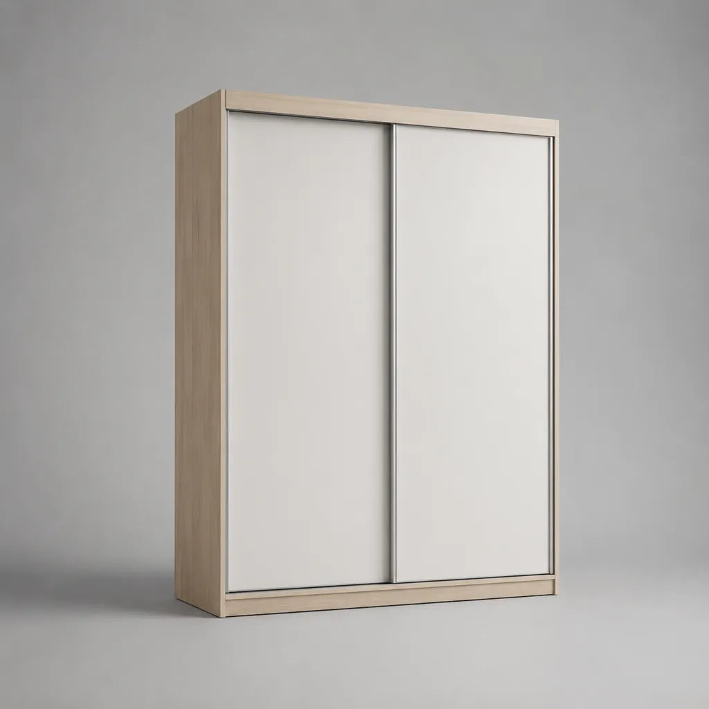 Armoire rectangulaire à 2 portes coulissantes en panneaux de particules mélaminés, blanc et chêne clair, 120 × 60 × 180 cm
