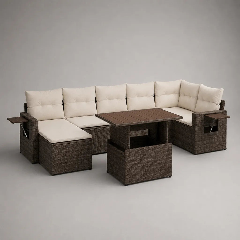 Salon de jardin extérieur 9 places en résine tressée marron avec canapé d’angle en U 270 × 205 × 78 cm, table 130 × 75 × 68 cm et coussins crème