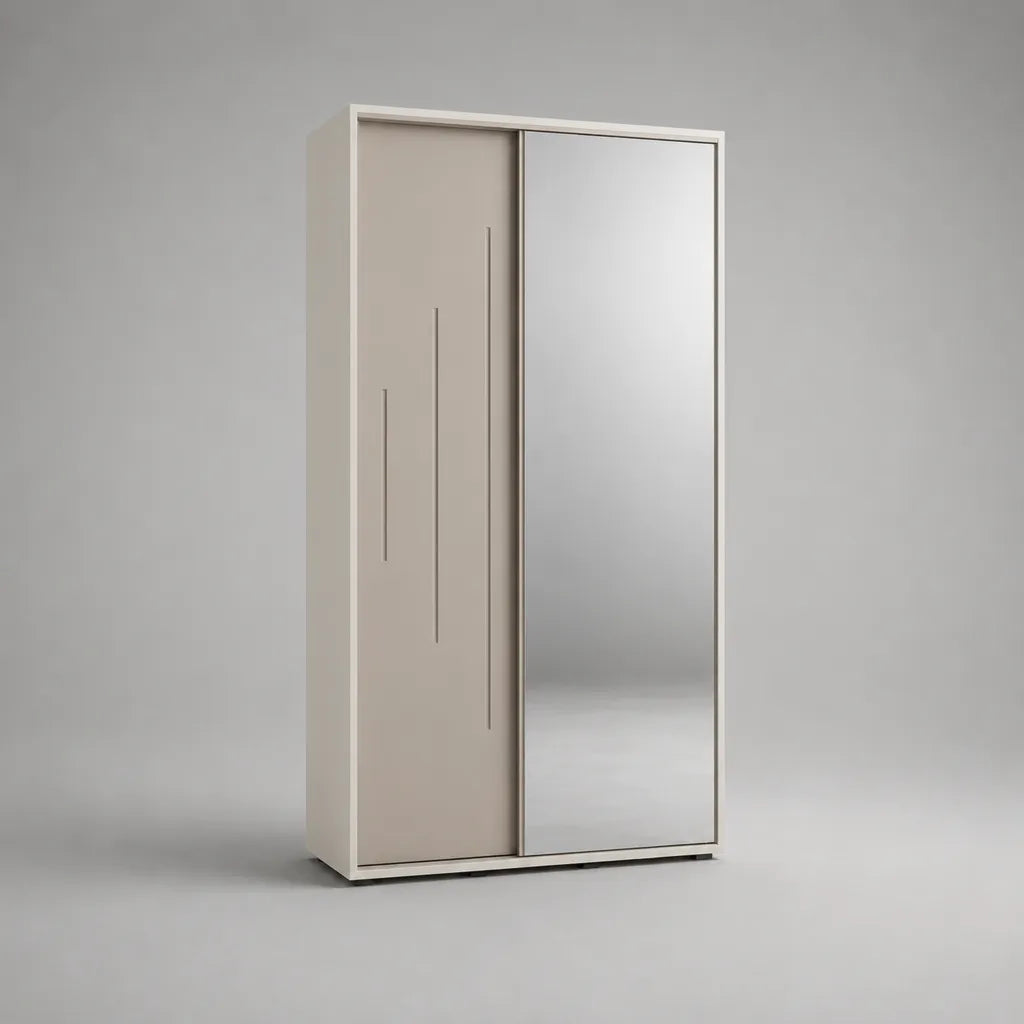 Armoire à 2 portes coulissantes avec miroir en panneaux de particules mélaminés blanc cassé, taupe et argenté, 120 × 60 × 200 cm