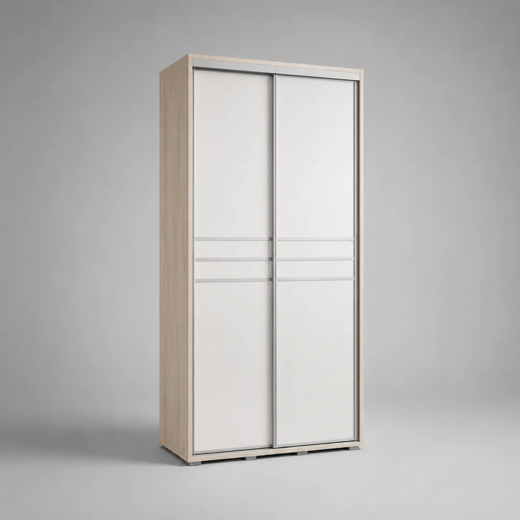 Armoire de rangement en bois à 2 portes coulissantes, blanc et chêne clair, 120 × 60 × 200 cm