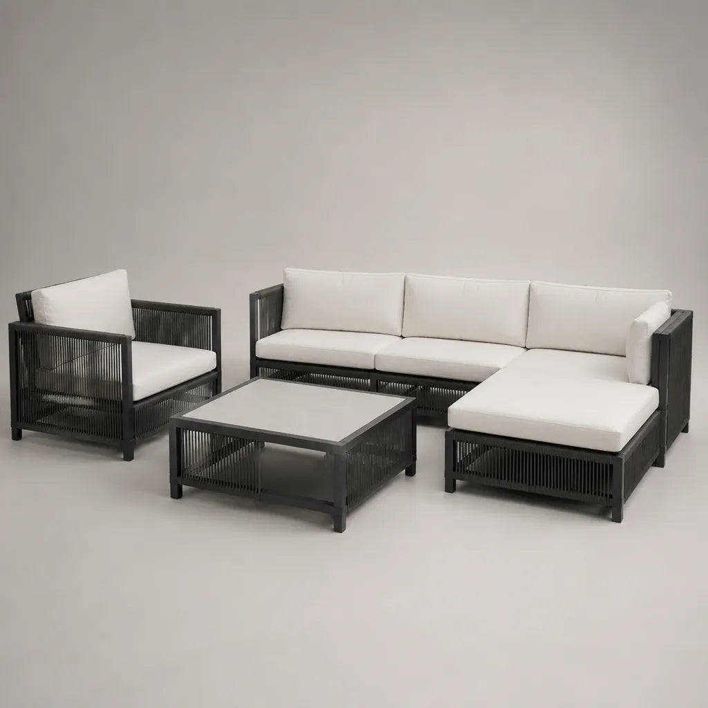 Salon de jardin extérieur 5 places en aluminium et corde plastique, 4 pièces avec coussins écrus, gris anthracite, canapé 220 × 78 × 70 cm