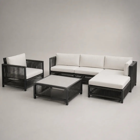 Salon de jardin extérieur 5 places en aluminium et corde plastique, 4 pièces avec coussins écrus, gris anthracite, canapé 220 × 78 × 70 cm