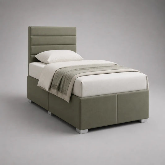 Lit simple rembourré en polyester vert sauge, couchage 90 × 190 cm, dimensions 99 × 207 × 120 cm