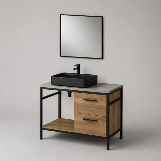 Meuble sous-vasque rectangulaire 80 × 46 × 80 cm en acier et panneaux mélaminés, chêne naturel, noir et gris, avec 2 tiroirs et étagère