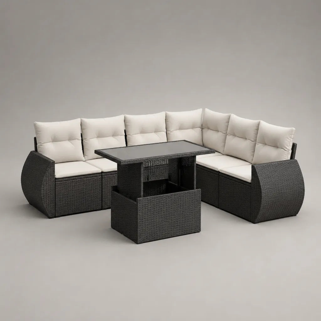 Ensemble canapé de jardin d’angle 7 places en résine tressée noire avec coussins crème et table relevable, 235 × 235 × 73 cm
