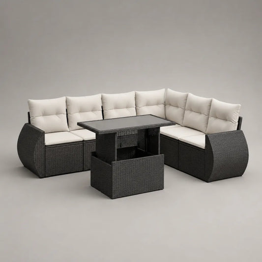 Ensemble canapé de jardin d’angle 7 places en résine tressée noire avec coussins crème et table relevable, 235 × 235 × 73 cm