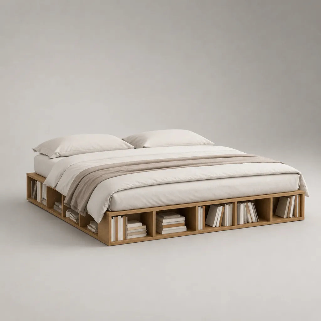 Lit plateforme 2 places avec rangements ouverts en panneaux de particules, chêne naturel, couchage 160 × 200 cm, dimensions 220 × 180 × 35 cm
