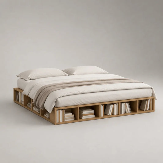 Lit plateforme 2 places avec rangements ouverts en panneaux de particules, chêne naturel, couchage 160 × 200 cm, dimensions 220 × 180 × 35 cm