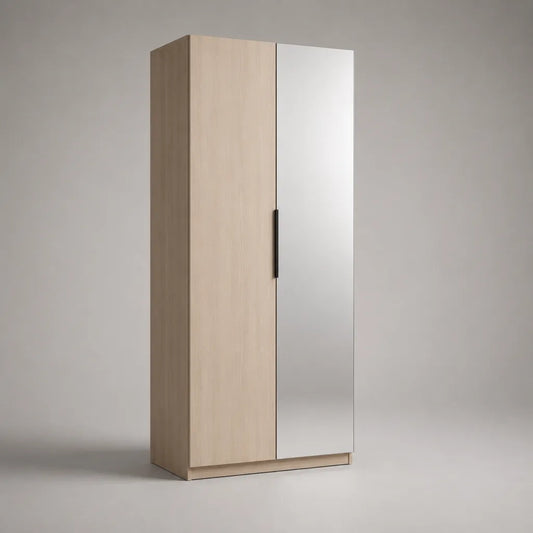 Armoire de rangement à 2 portes en panneau de particules mélaminé avec miroir, chêne clair/argenté/noir, 80 × 52 × 180 cm