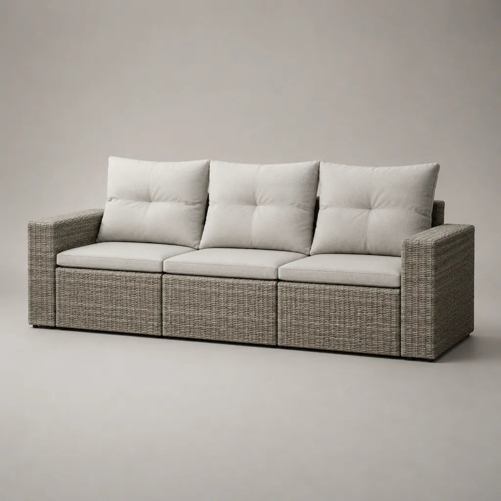 Canapé d’extérieur 3 places en polyéthylène tressé et acier avec coussins gris et écrus, 218 × 82 × 86 cm