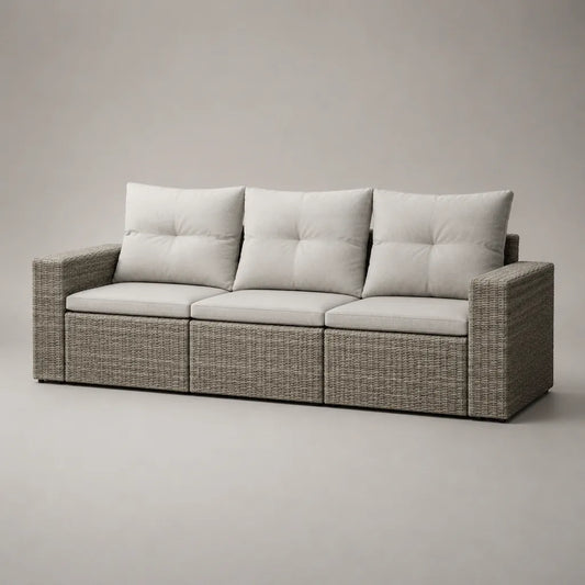 Canapé d’extérieur 3 places en polyéthylène tressé et acier avec coussins gris et écrus, 218 × 82 × 86 cm