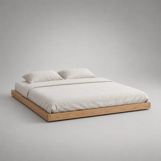 Cadre de lit plateforme bas en pin massif, bois naturel, couchage 160 × 200 cm, dimensions 170 × 210 × 15 cm
