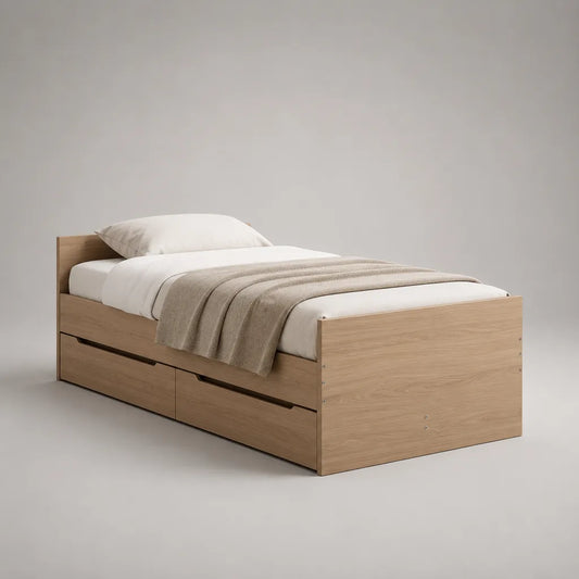 Lit simple en panneaux de particules mélaminés avec 2 tiroirs, chêne naturel, couchage 90 × 190 cm, dimensions 196 × 96 × 72 cm