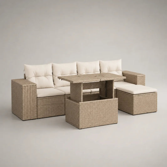 Salon de jardin d’angle 3 pièces en résine tressée beige avec coussins crème et table relevable, 240 × 180 × 85 cm