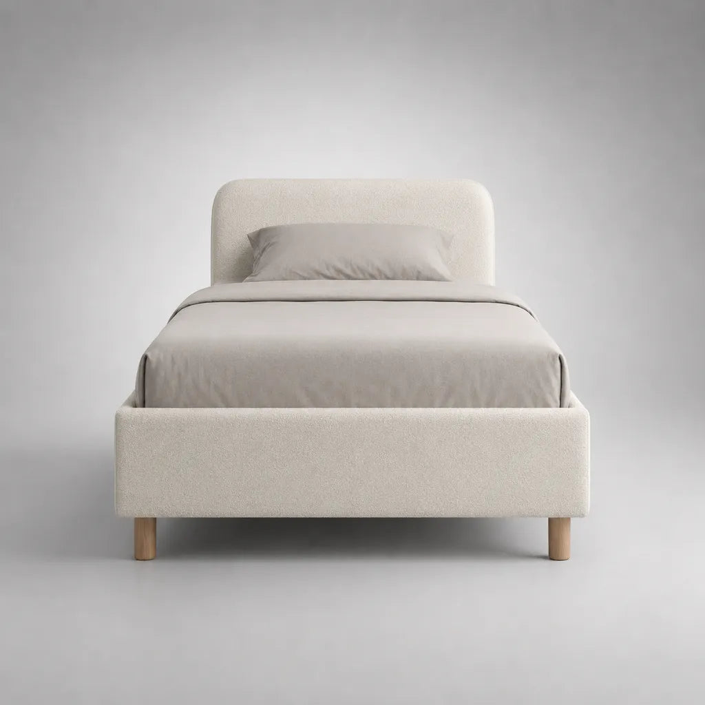 Lit simple rembourré en tissu bouclé blanc cassé, 101 × 203 × 105 cm, couchage 90 × 190 cm