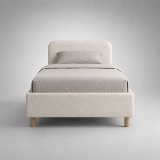Lit simple rembourré en tissu bouclé blanc cassé, 101 × 203 × 105 cm, couchage 90 × 190 cm