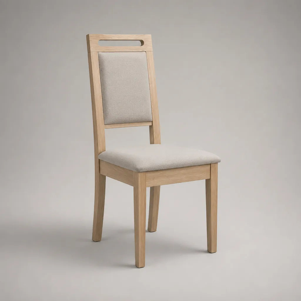 Chaise de salle à manger en chêne massif avec assise et dossier rembourrés beige clair, 46 × 53 × 98 cm
