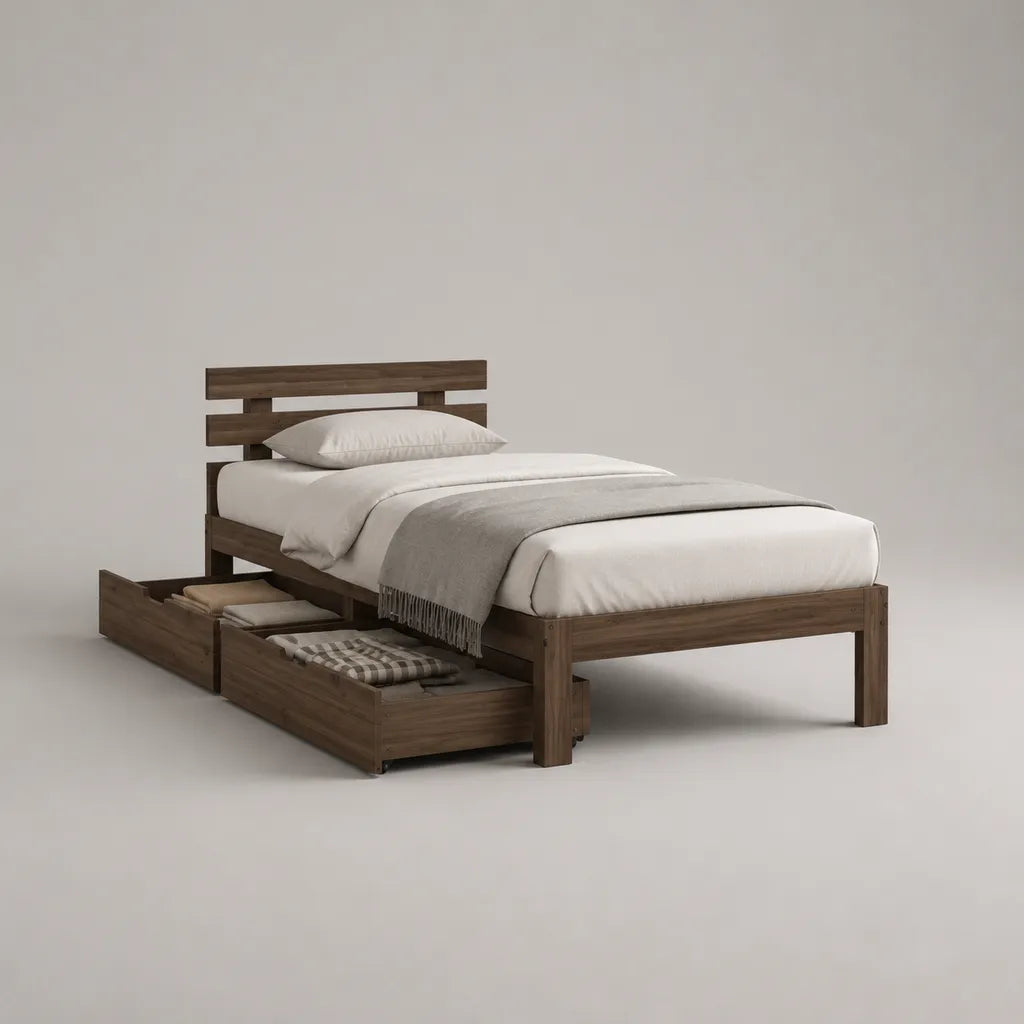 Lit simple en pin massif brun foncé avec 2 tiroirs, couchage 90 × 190 cm, dimensions 198 × 99 × 100 cm
