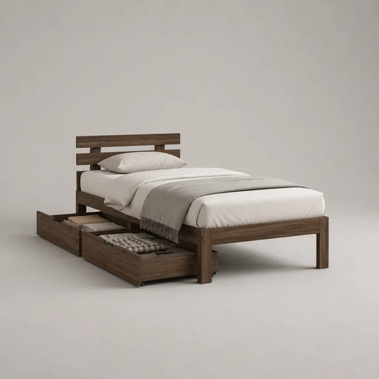 Lit simple en pin massif brun foncé avec 2 tiroirs, couchage 90 × 190 cm, dimensions 198 × 99 × 100 cm