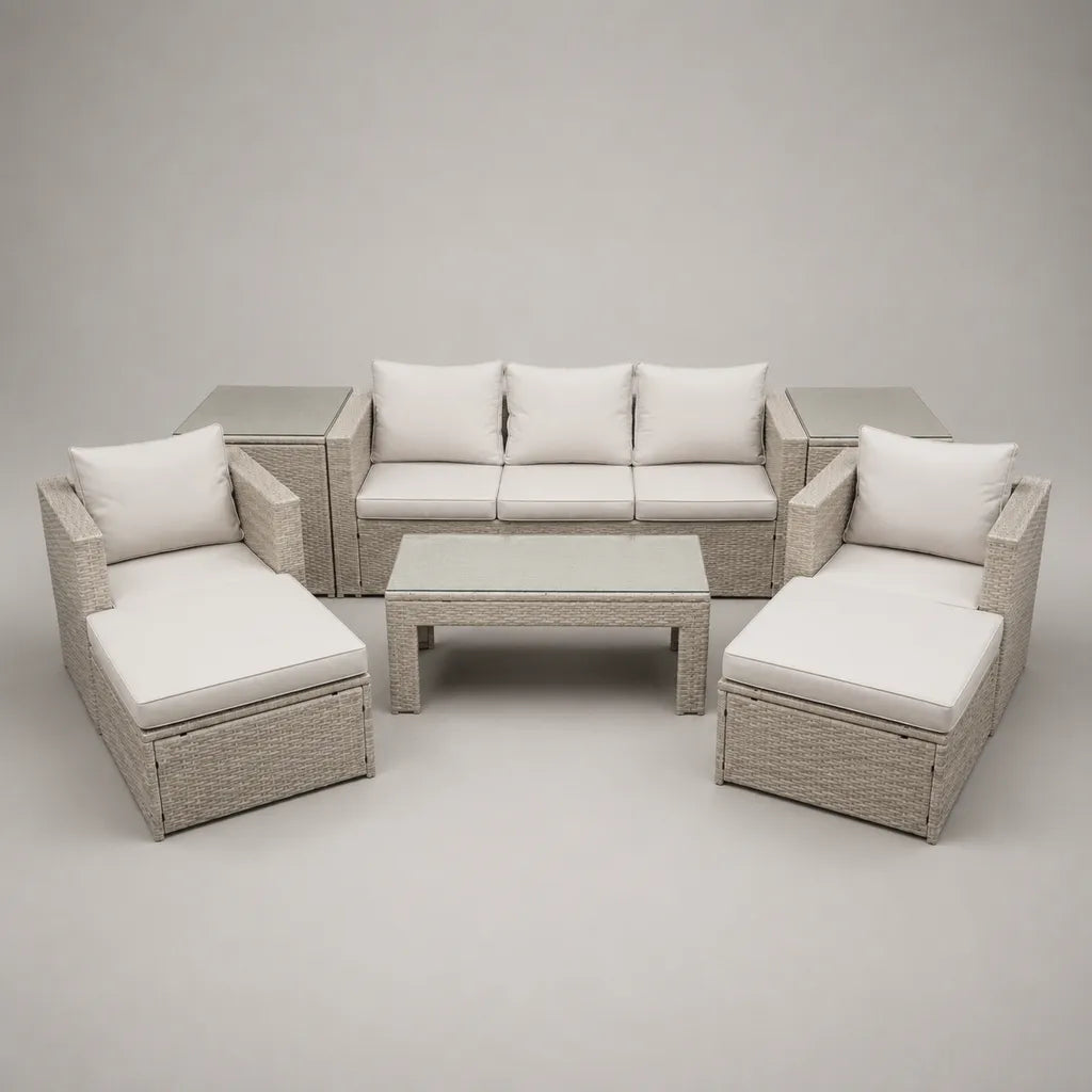 Salon de jardin extérieur 6 pièces en résine tressée beige avec canapé 3 places 230 × 75 × 70 cm, 2 fauteuils, 2 repose-pieds et table basse 110 × 60 × 42 cm