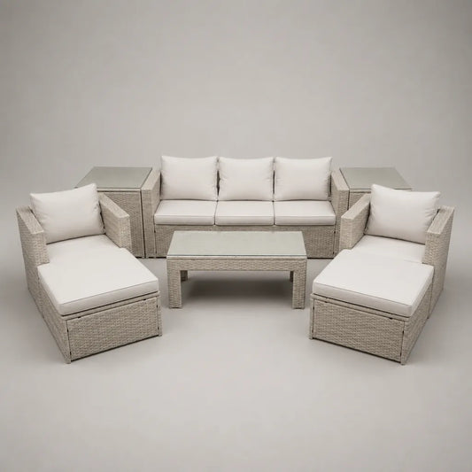 Salon de jardin extérieur 6 pièces en résine tressée beige avec canapé 3 places 230 × 75 × 70 cm, 2 fauteuils, 2 repose-pieds et table basse 110 × 60 × 42 cm