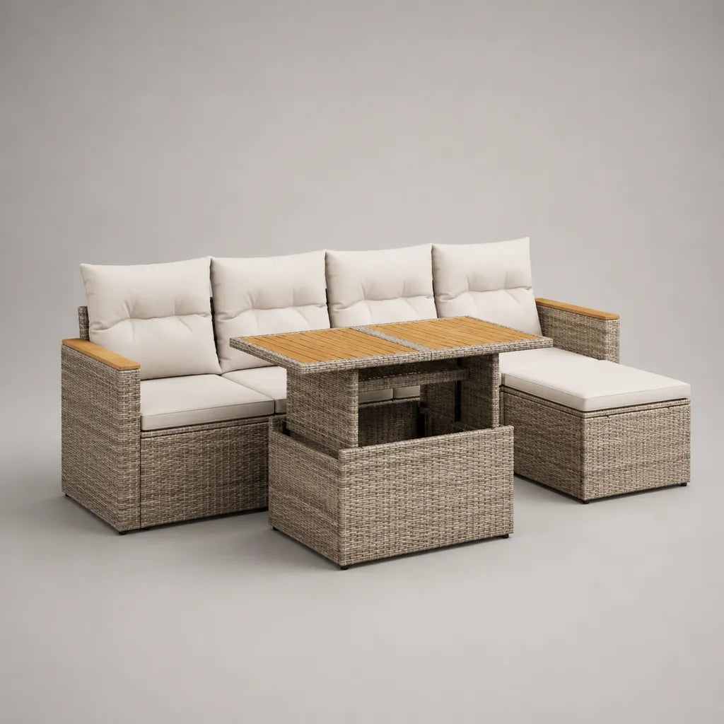 Ensemble salon de jardin modulable 4 places en résine tressée et bois avec table réglable, taupe chiné, crème et brun naturel, 240 × 180 × 86 cm