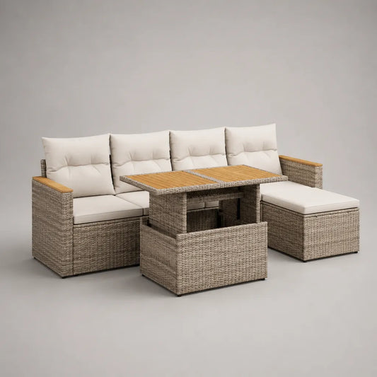 Ensemble salon de jardin modulable 4 places en résine tressée et bois avec table réglable, taupe chiné, crème et brun naturel, 240 × 180 × 86 cm