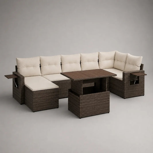 Salon de jardin extérieur 9 places en résine tressée marron avec canapé d’angle en U 270 × 205 × 78 cm, table 130 × 75 × 68 cm et coussins crème