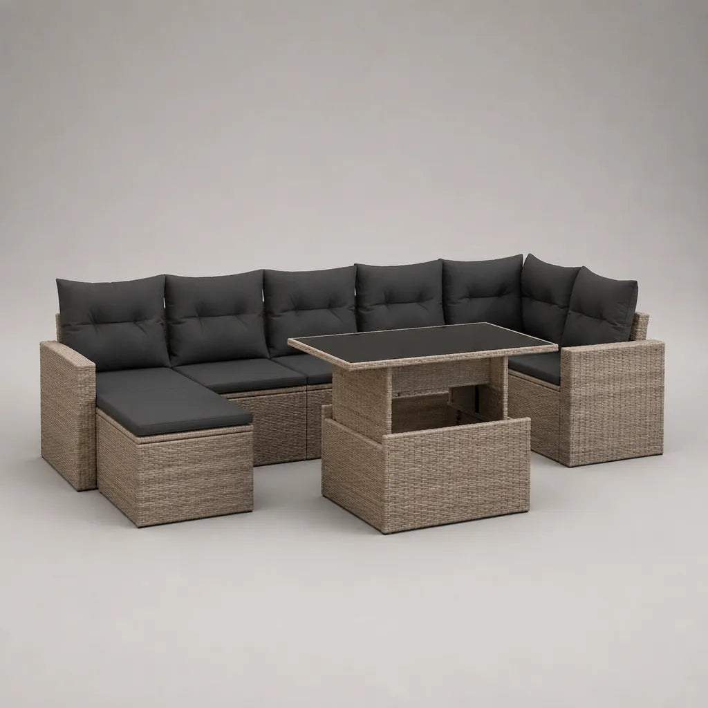 Ensemble canapé de jardin d’angle 7 places en résine tressée taupe avec table et pouf, coussins anthracite, 270 × 200 × 74 cm