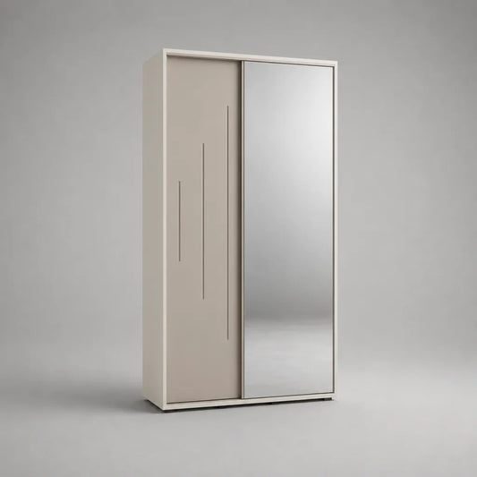 Armoire à 2 portes coulissantes avec miroir en panneaux de particules mélaminés blanc cassé, taupe et argenté, 120 × 60 × 200 cm