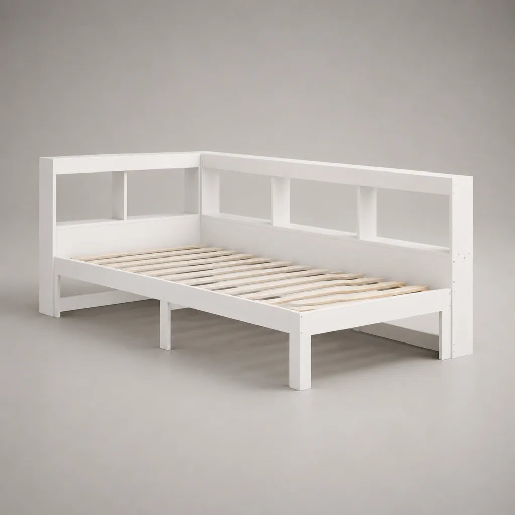 Lit banquette 1 place en bois blanc avec sommier à lattes, couchage 90 × 200 cm, dimensions 205 × 96 × 80 cm