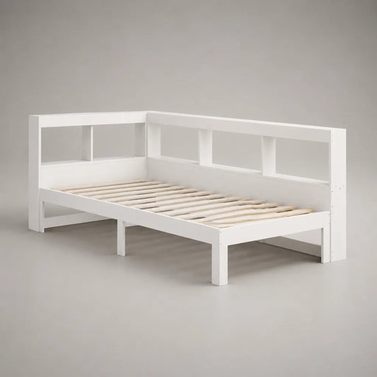 Lit banquette 1 place en bois blanc avec sommier à lattes, couchage 90 × 200 cm, dimensions 205 × 96 × 80 cm