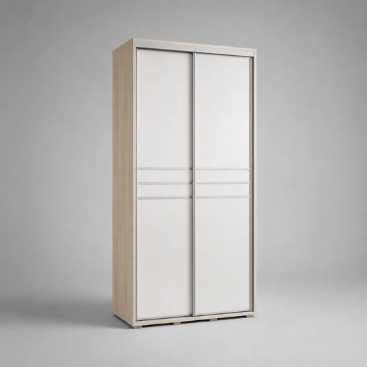 Armoire de rangement en bois à 2 portes coulissantes, blanc et chêne clair, 120 × 60 × 200 cm
