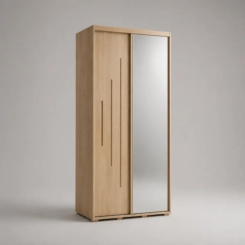 Armoire-penderie 2 portes coulissantes avec miroir, panneaux de particules, chêne naturel/argenté, 100 × 55 × 200 cm