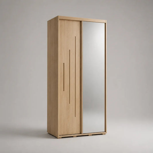 Armoire-penderie 2 portes coulissantes avec miroir, panneaux de particules, chêne naturel/argenté, 100 × 55 × 200 cm