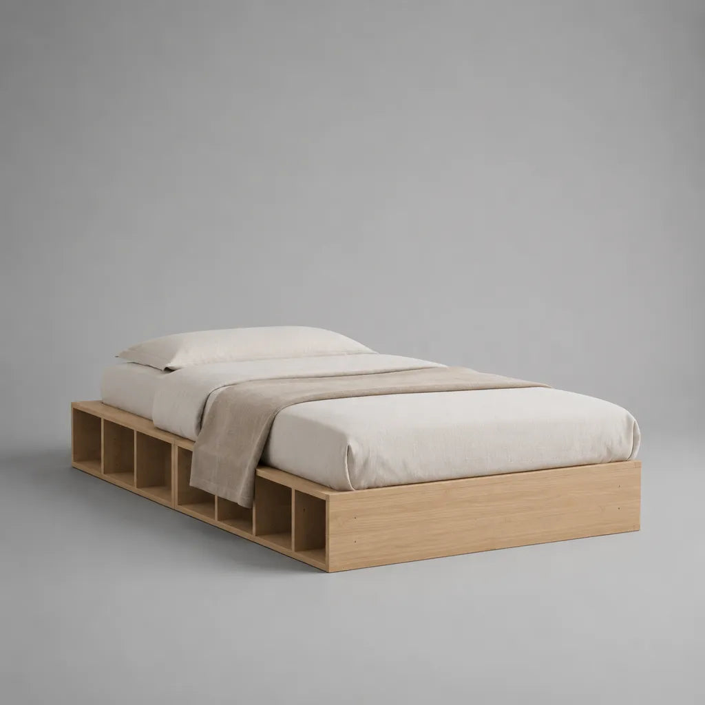 Lit plateforme 140 x 190 cm avec rangements ouverts, panneaux de particules effet chêne naturel, 220 x 166 x 40 cm