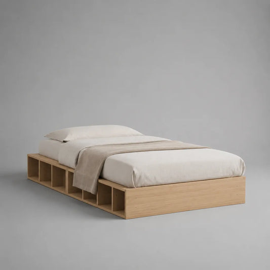 Lit plateforme 140 x 190 cm avec rangements ouverts, panneaux de particules effet chêne naturel, 220 x 166 x 40 cm