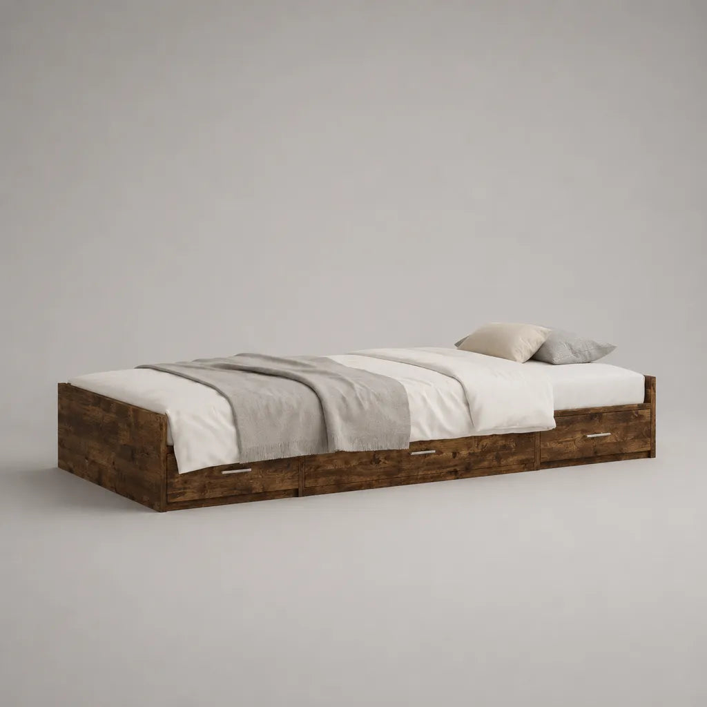 Lit banquette 1 place en bois brun foncé avec sommier et 3 tiroirs, couchage 90 × 200 cm, dimensions 205 × 96 × 50 cm