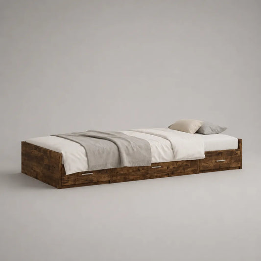 Lit banquette 1 place en bois brun foncé avec sommier et 3 tiroirs, couchage 90 × 200 cm, dimensions 205 × 96 × 50 cm