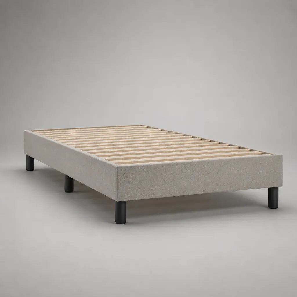 Cadre de lit simple rembourré beige et noir en tissu avec sommier à lattes en bois, couchage 90 × 190 cm, dimensions 198 × 96 × 32 cm