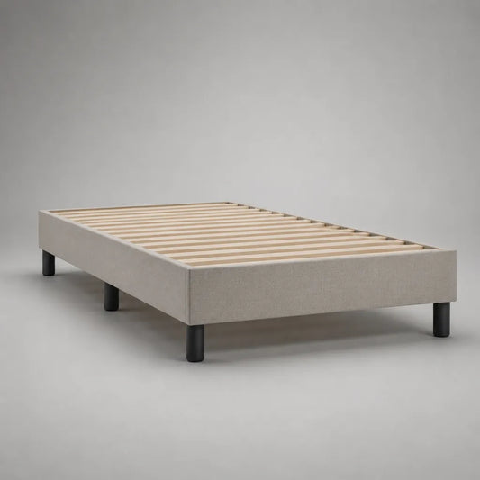 Cadre de lit simple rembourré beige et noir en tissu avec sommier à lattes en bois, couchage 90 × 190 cm, dimensions 198 × 96 × 32 cm